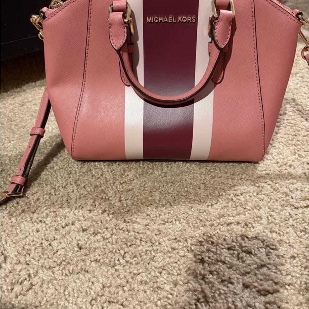 Michael Kors Pink and Burgundy Striped Saffiano Satchel